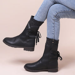 Knitted & Faux Leather Panel Boots Tie Back Side Zip Boots