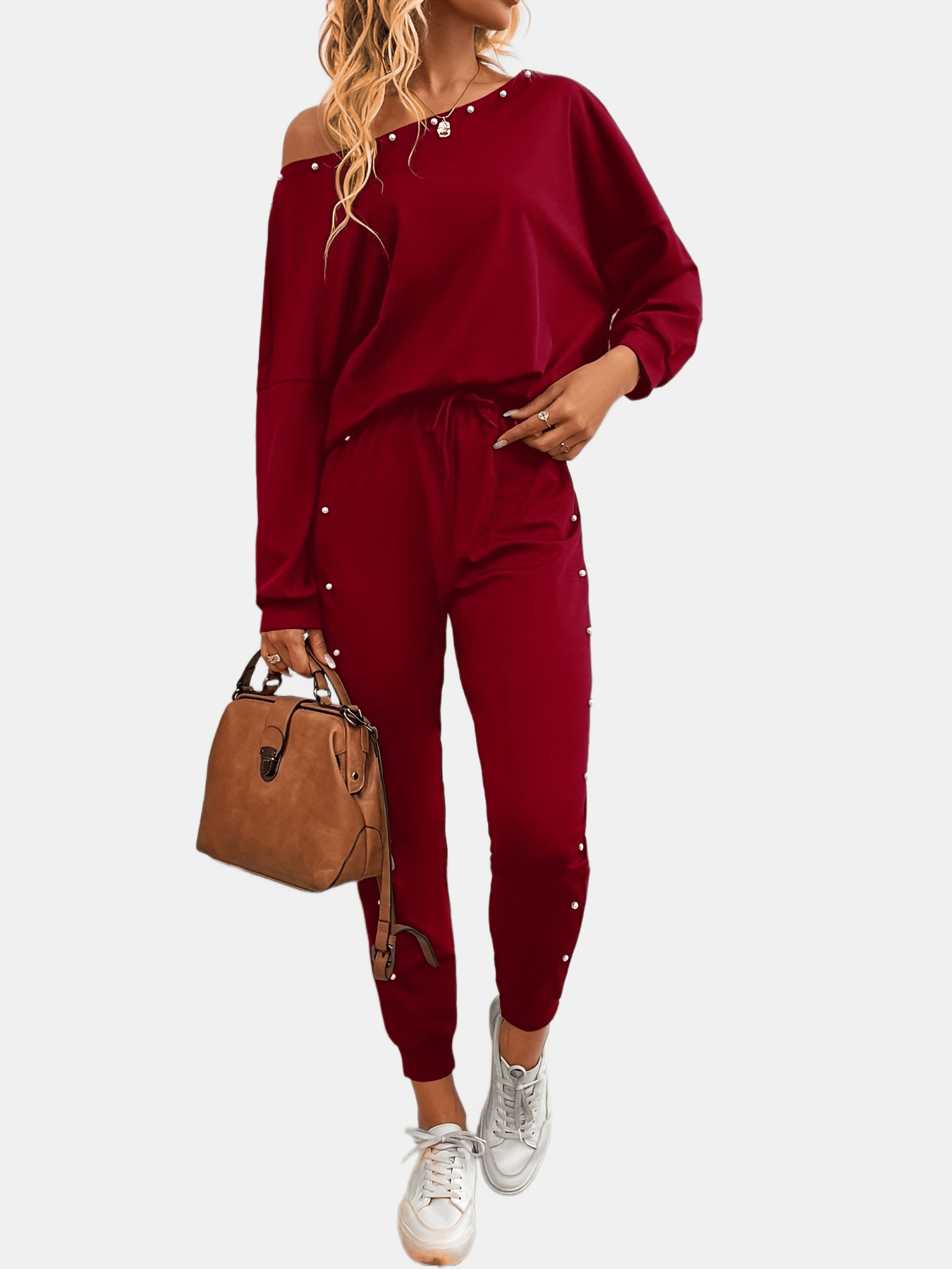Beaded Decor Two piece Set Cold Shoulder Top & Joggers