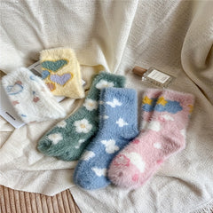 5 Pairs Heart & Floral Print Socks Fuzzy Warm Women's Stockings