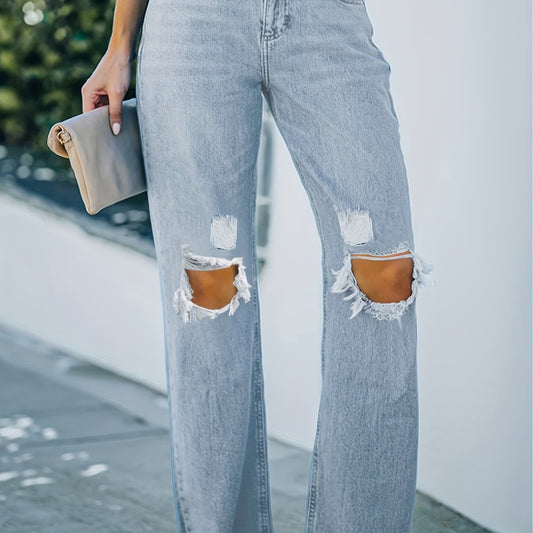 Ripped High Rise Button Fly Straight Leg Jeans