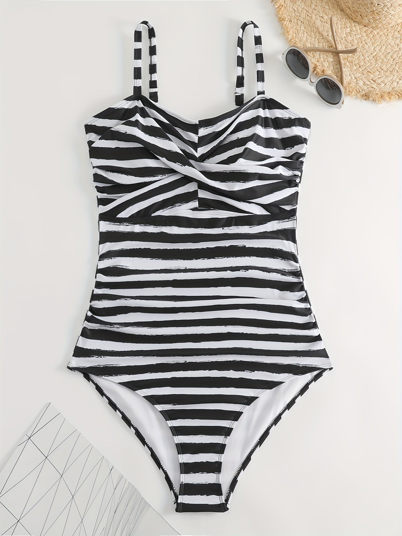 Striped Cross Front One Piece Swimsuit