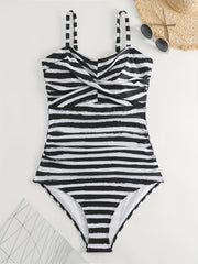 Striped Cross Front One Piece Swimsuit