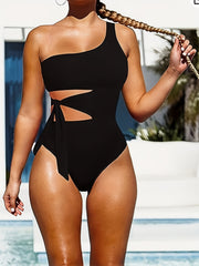 One Shoulder Cut Out Tie Waist One Piece Swimsuit
