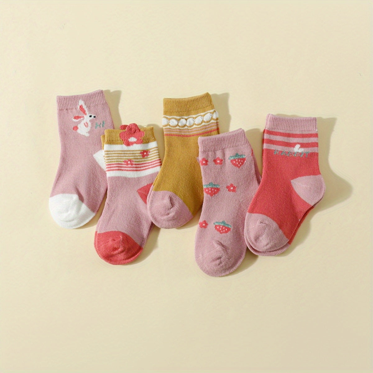 5 Pairs Kids Girls Baby Pink Cartoon Rabbit Strawberry Mid Tube Socks