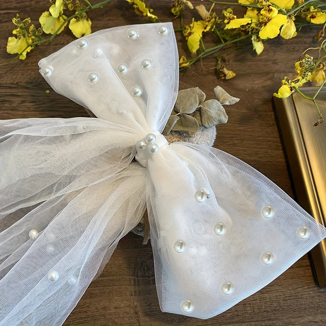 Bridal Hair Clip Pearl Bow Tulle Hairpin