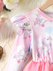 Girls' Long Sleeve Unicorn Tutu Dress Frill Trims for Party Birthday
