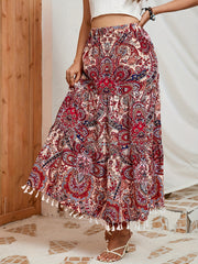 Ethnic Print Tassel Decor Skirt Elastic Waist Swing Skirt