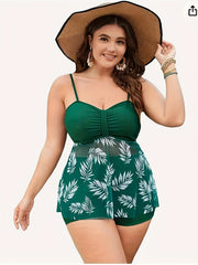 Vacay Tankini Set Tropical Print Mesh V Neck Top & Shorts