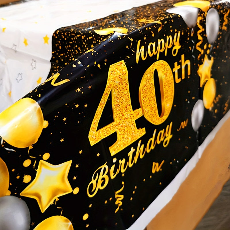 Golden Happy 40th Birthday Tablecloth With Balloons Star Print