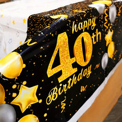 Golden Happy 40th Birthday Tablecloth With Balloons Star Print
