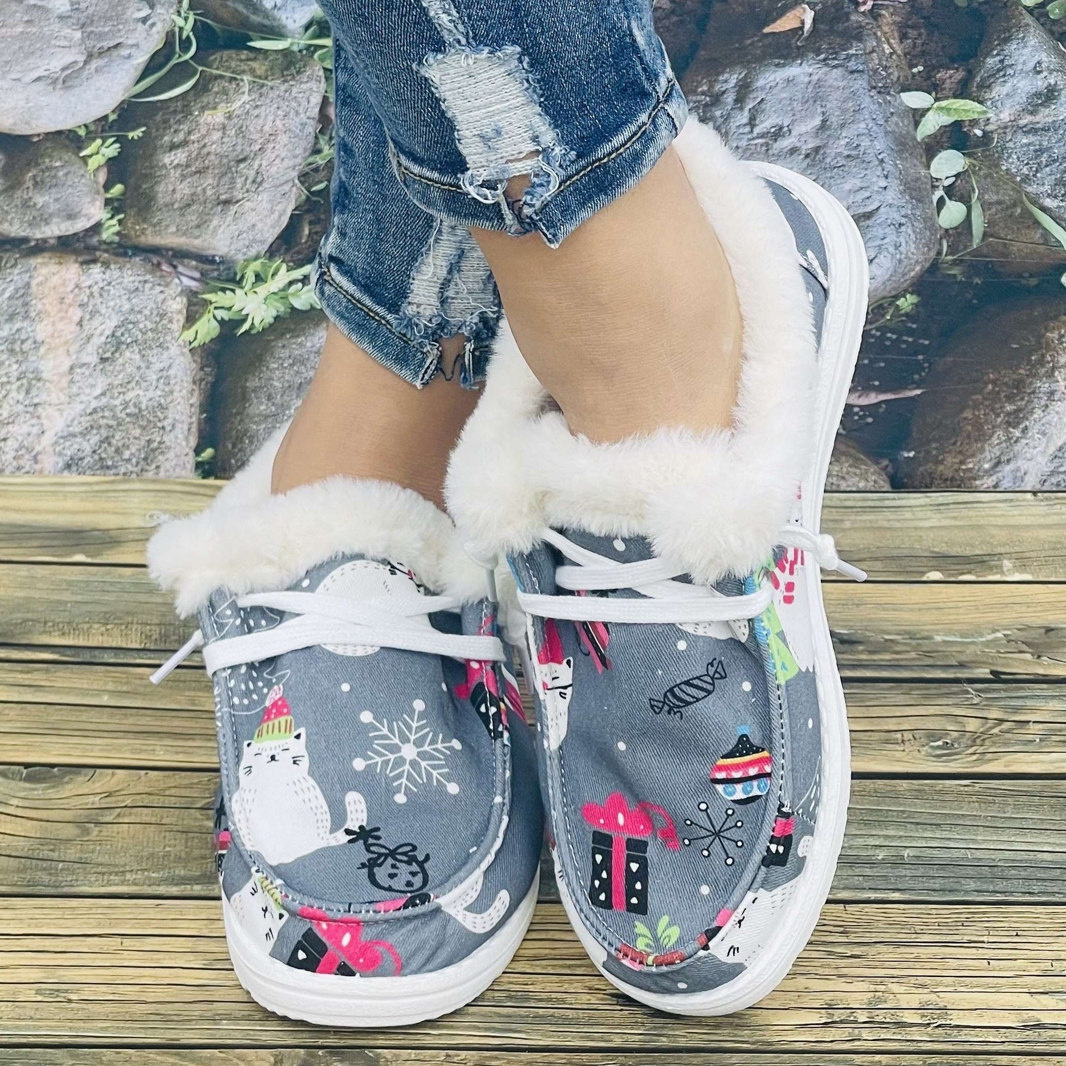 Christmas Women's Flat Cat Print Snow Boots Slip On