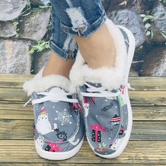 Christmas Women's Flat Cat Print Snow Boots Slip On