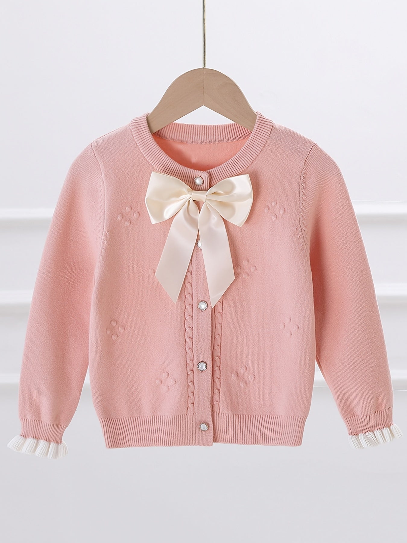 Girls Knitted Cardigan with Bow Knot and Pearl Button