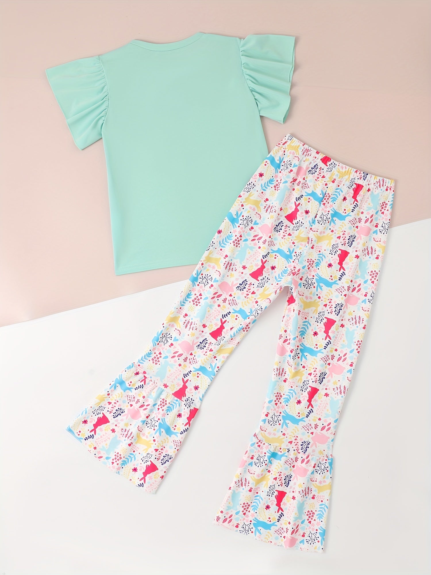 Girls Bunny Graphic 2pcs Outfits with Stripped Flare Pants