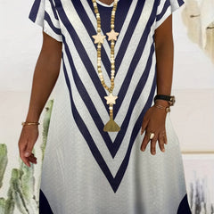Casual Dress Women's Plus Stripe Print Short Sleeve V Neck Dress
