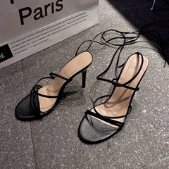 Stiletto Heeled Shoes Open Toe Lace Up Heels Summer Pumps