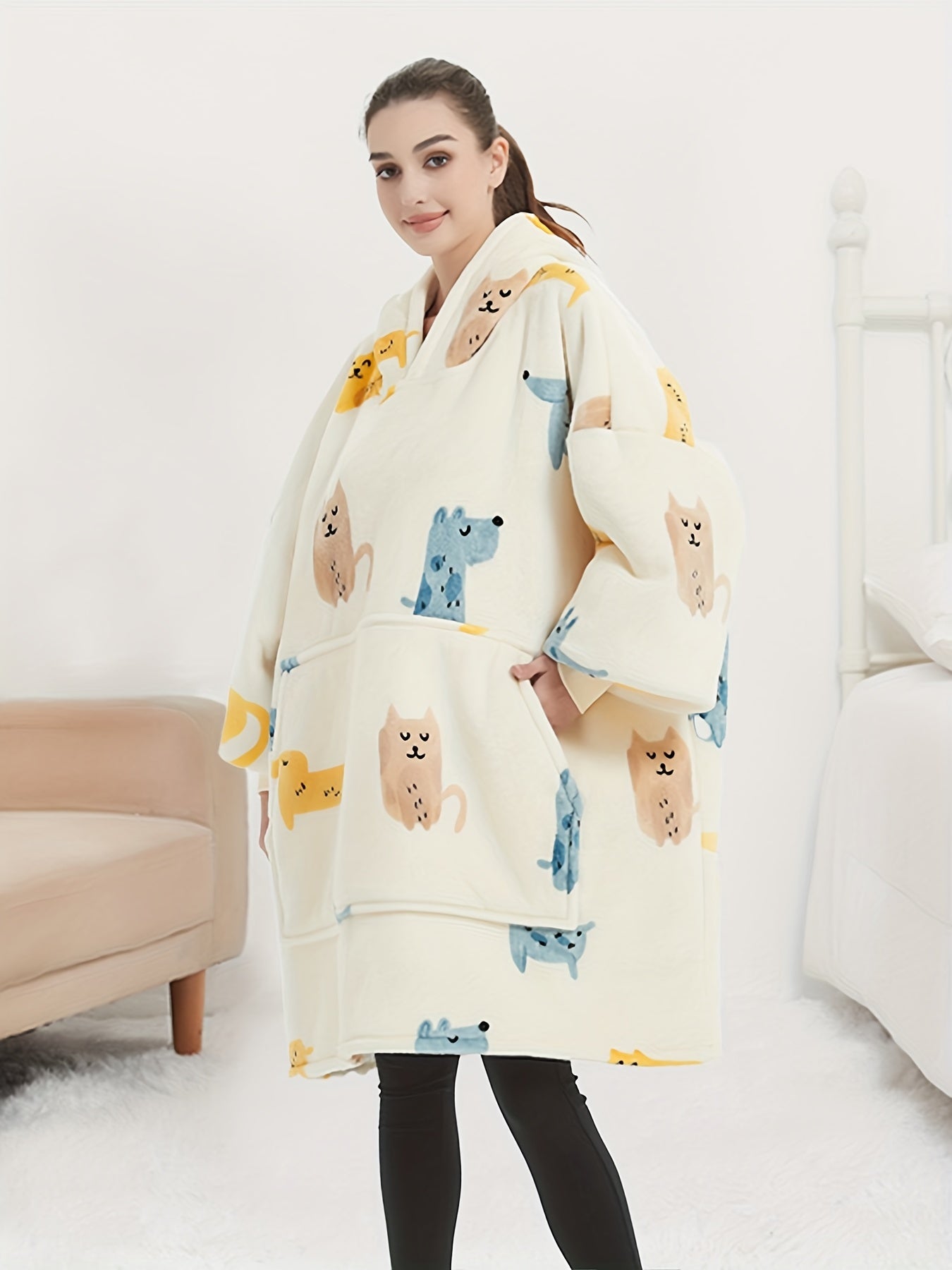 Flannel Sherpa Blanket Hooded Robe Plus Size Women's Animal Print Nightgown