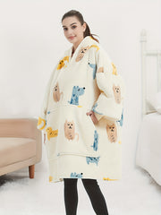 Flannel Sherpa Blanket Hooded Robe Plus Size Women's Animal Print Nightgown
