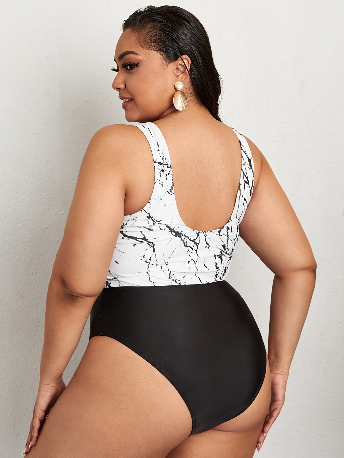 Colorblock Marble Print Cut Out One Piece Swimsuit Women's Plus