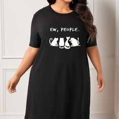 Cat & Letter Print Short Sleeve Round Neck Nightdress