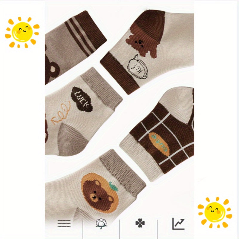 5 Pairs Boy's Cartoon Striped Crew Socks Comfortable Casual Style Unisex Socks