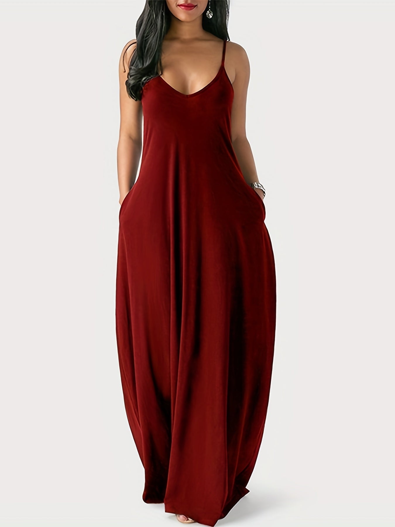Basic Dress Women's Plain V Neck Stretch Cami Maxi Dress