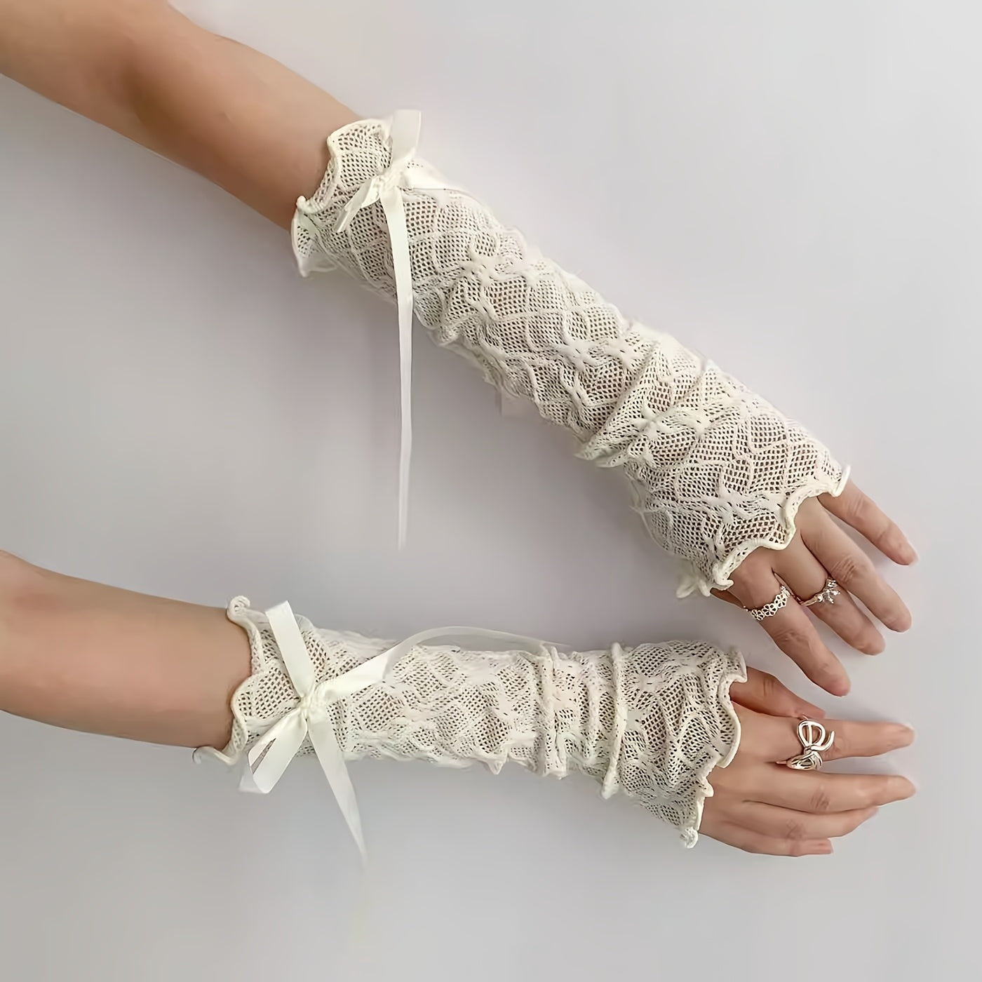 Y2K Lolita Ballet Style Long Gloves with Lace Cuffs & Pink Bow