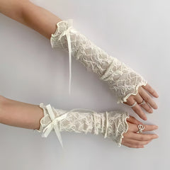 Y2K Lolita Ballet Style Long Gloves with Lace Cuffs & Pink Bow