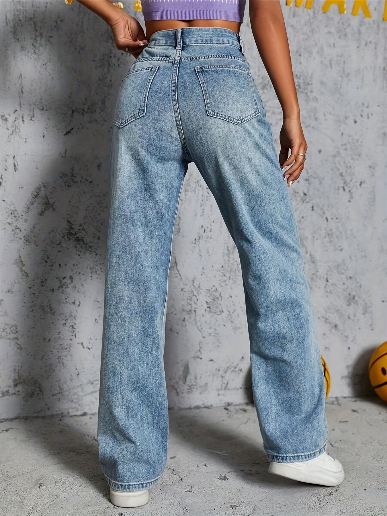 Star Letter Embroidery High Rise Straight Jeans