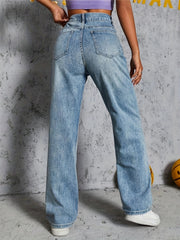 Star Letter Embroidery High Rise Straight Jeans