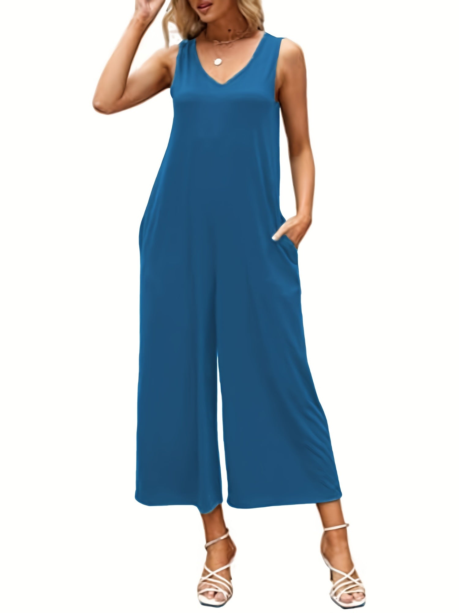 Solid V Neck Wide Leg Jumpsuit With Pockets