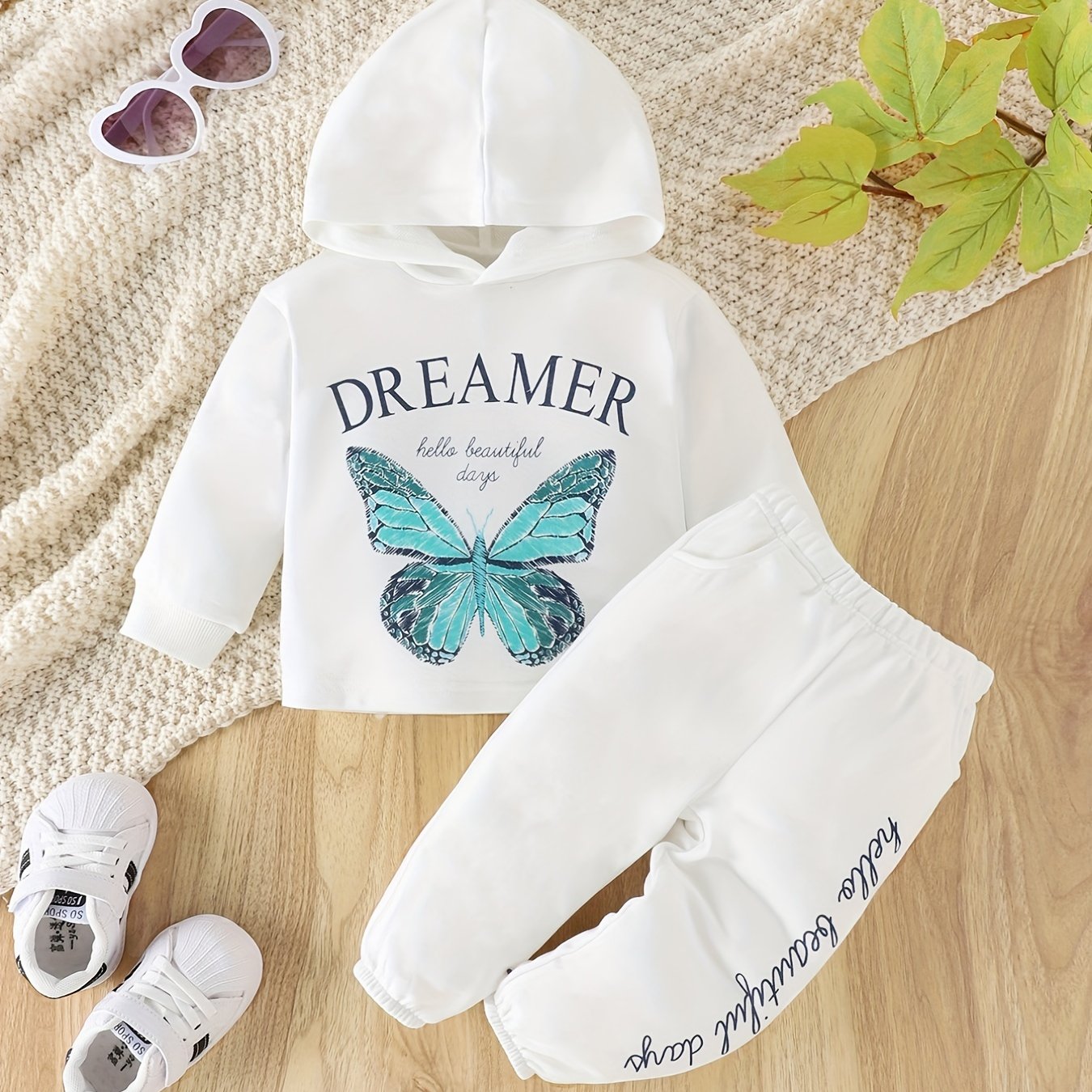 Baby Girls 2pcs Butterfly Print Hoodie Set, Boys Letter Sports Trousers Set