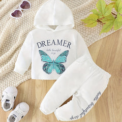 Baby Girls 2pcs Butterfly Print Hoodie Set, Boys Letter Sports Trousers Set