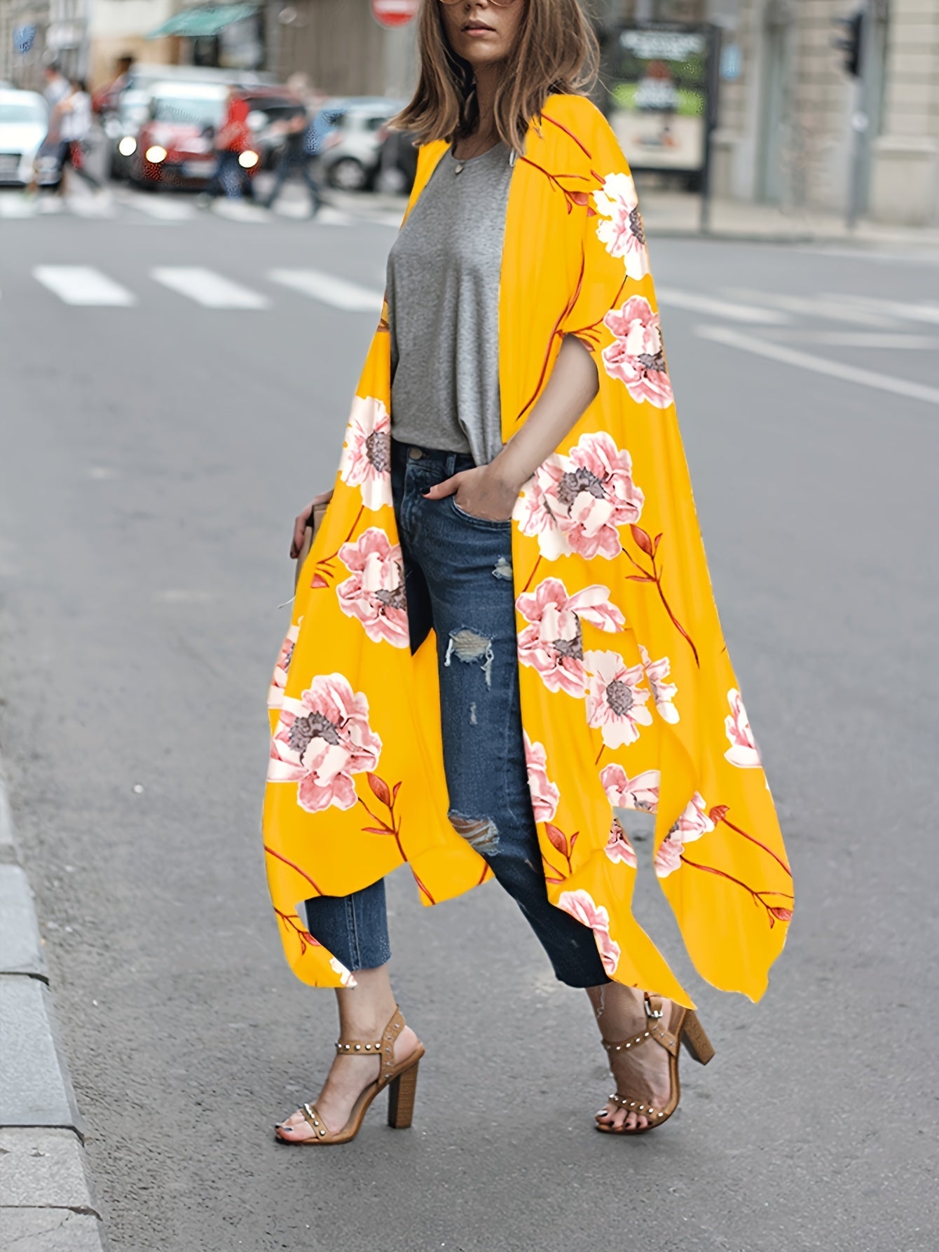 Floral Chiffon Blouse V Neck Long Sleeve Rash Guard Casual Beachwear