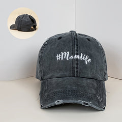 MOM LIFE Embroidery Baseball Cap Ripped Washed Ponytail Hat Sun Visor