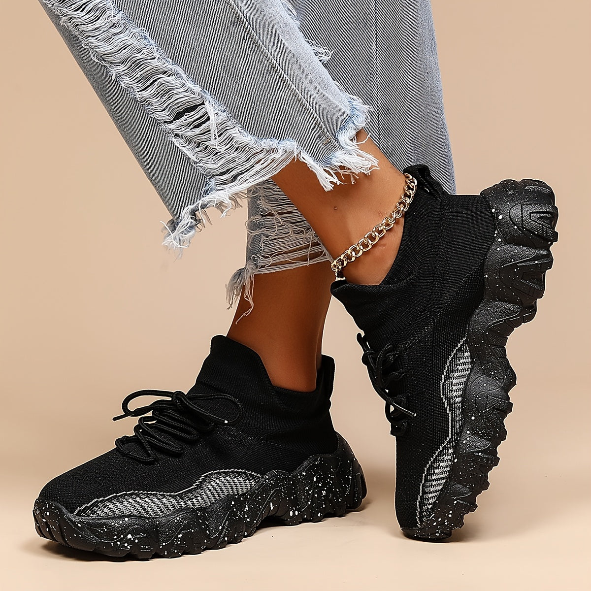 Women's Anti-slip Knit Sneakers Low Top Lace Up Casual Shoes