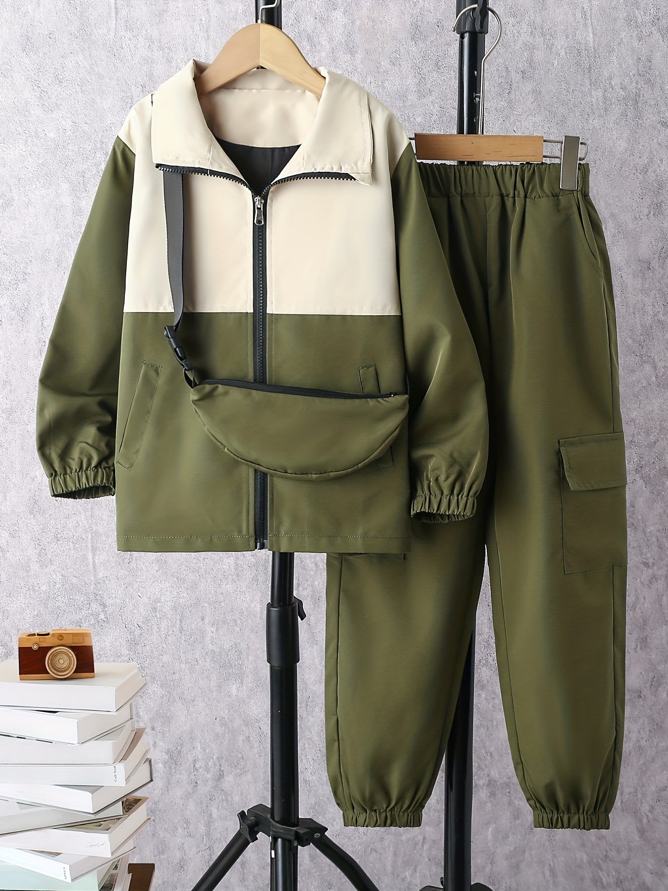 Boy's 3pcs Zip Up Jacket & Crossbody Bag & Cargo Pants Set