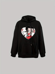 Cartoon Print Hoodie Drawstring Casual Hooded Sweatshirt