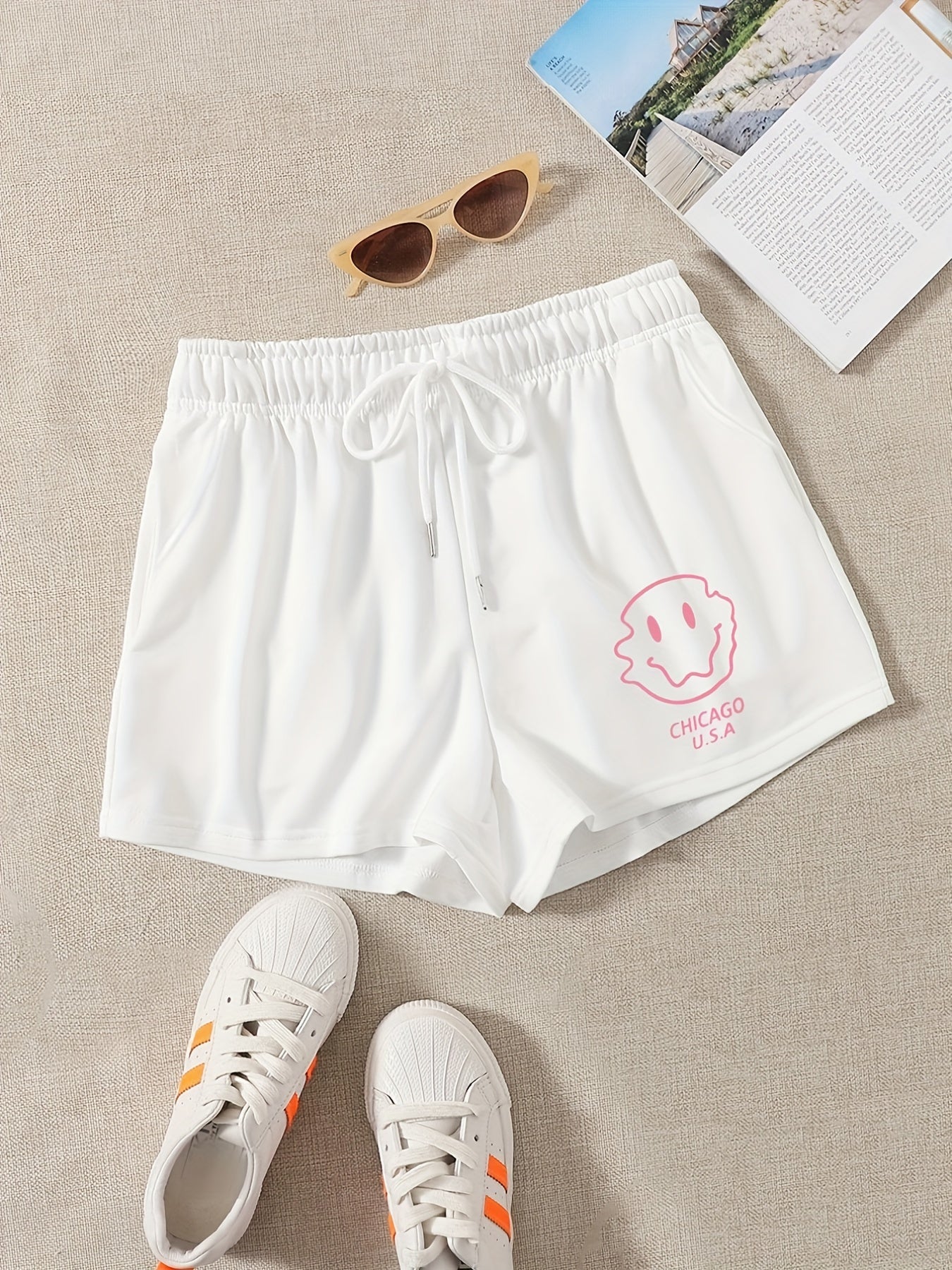 Smile Face Print Yoga Shorts Drawstring Waist Casual Summer Spring