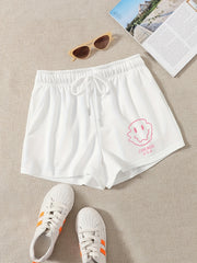 Smile Face Print Yoga Shorts Drawstring Waist Casual Summer Spring