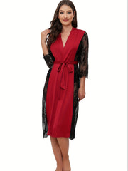 Lace Stitching Lounge Robe V Neck Long Sleeve with Belt Women's Loungewear