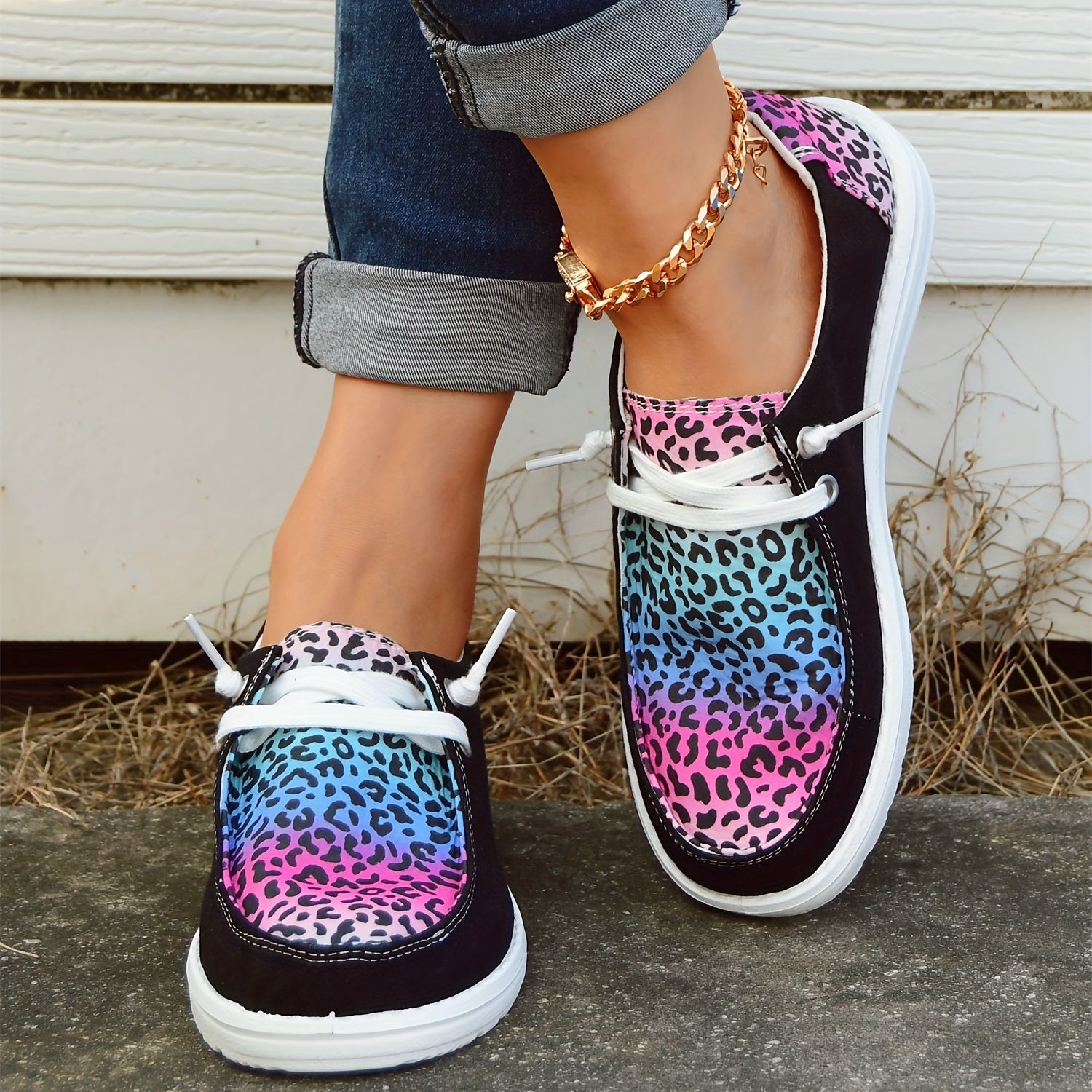 Leopard Print Boat Shoes Lace Up Casual Canvas Sneakers Lightweight