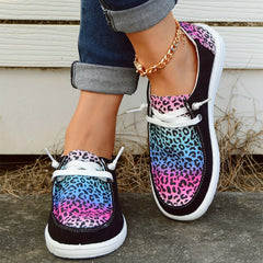 Leopard Print Boat Shoes Lace Up Casual Canvas Sneakers Lightweight