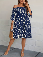 Graffiti Print Off Shoulder Bell Sleeve Dress