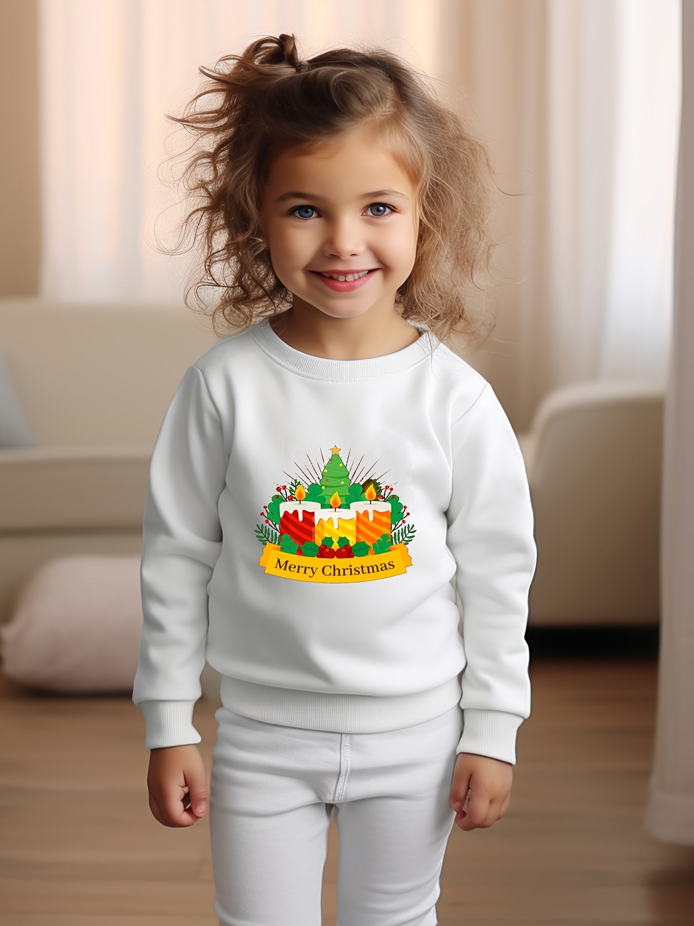 Christmas Cartoon Candles Print Girls Sweatshirt