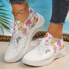 Women's Rhinestone Platform Sneakers Casual Flower & Butterfly Shoes