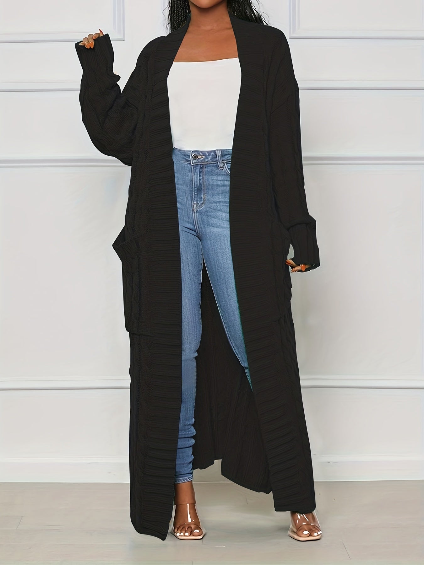 Cable Knit Open Front Longline Cardigan with Pockets