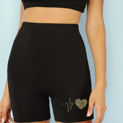 Leopard Heart Print Biker Shorts Casual Leggings
