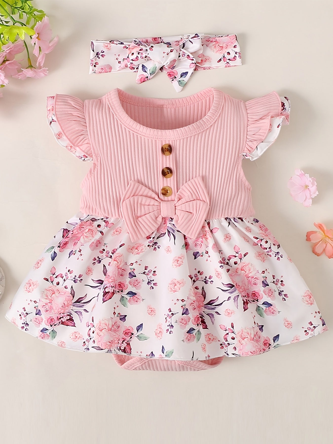 Newborn Baby Girls Floral Romper Ruffle Sleeve Bodysuit & Headband