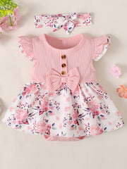 Newborn Baby Girls Floral Romper Ruffle Sleeve Bodysuit & Headband